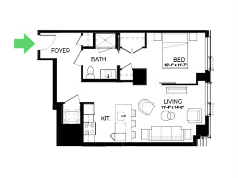 Floor plan for 1 bed, 1 bath, 691 sqft